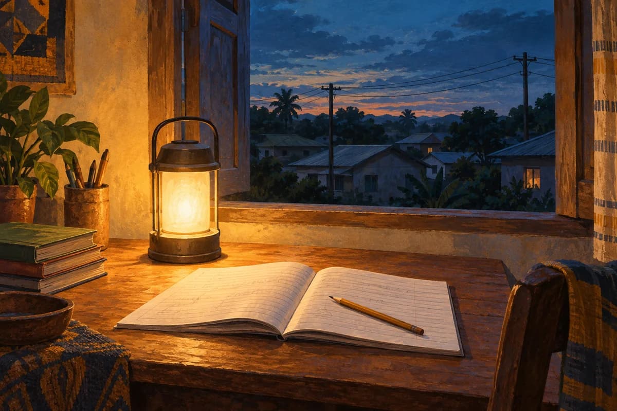 Editorial illustration of an open notebook lit by a study lantern beside a window at dusk.