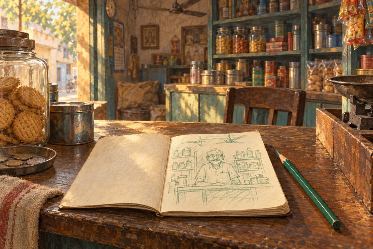 Editorial illustration of a childhood pencil drawing resting on the counter of a family shop.